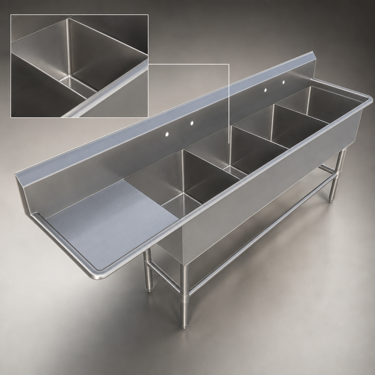 Product image #3 for John Boos Pro-Bowl 4-Compartment Stainless Steel Sink with Left Drainboard, 12" Deep Bowls