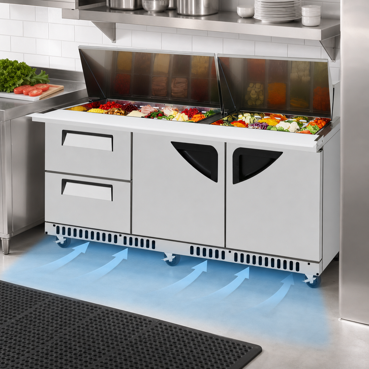 Product image #3 for Turbo Air Super Deluxe 72-5/8-Inch Three-Section Front Breathing Sandwich/Salad Mega Top Prep Table with 30-Pan Opening, 2 Drawers, and 2 Doors