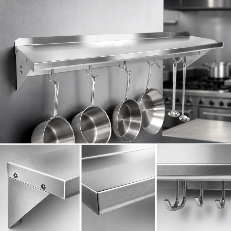 Product image #3 for John Boos Stallion 72 Inch Wall-Mount 14 Gauge Stainless Steel Pot Rack Shelf with 6 Hooks