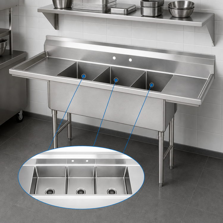 Product image #3 for Advance Tabco 3-Compartment Stainless Steel Sink with Left & Right Drainboards, 30 x 30 x 14-Inch Bowls