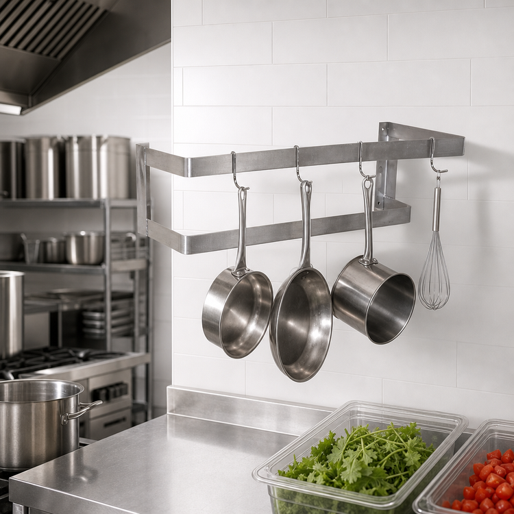 Product image #3 for Omcan USA 48-Inch Wall-Mounted Double-Bar Stainless Steel Pot Rack with 4 Plated Hooks