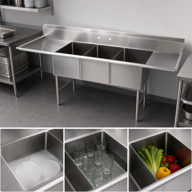 Product image #3 for John Boos B Series 3-Compartment Stainless Steel Sink with Left and Right Drainboards