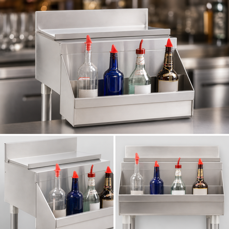 Product image #3 for Advance Tabco Underbar Basics 15-Inch Single-Tier Add-On Speed Rail, 4-Bottle Capacity, Stainless Steel