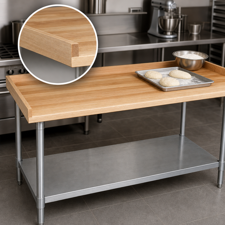 Product image #3 for BK Resources 96-Inch x 30-Inch Hard Maple Bakers Table with 4-Inch Coved Risers and Galvanized Undershelf