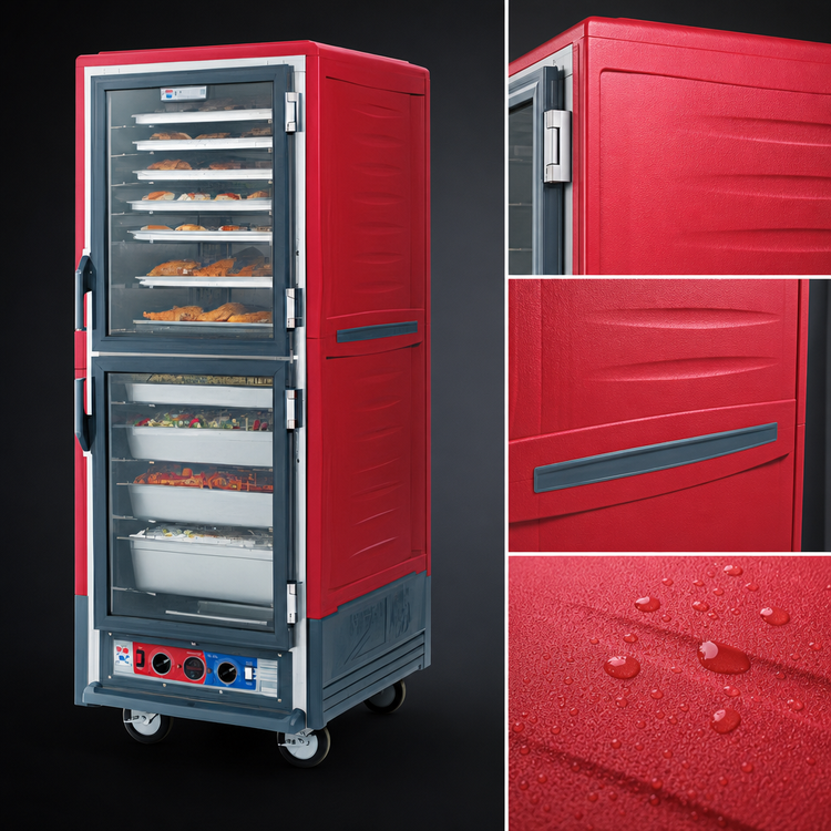 Product image #3 for Metro C5 3 Series Mobile Full Height Heated Holding Cabinet with Dutch Clear Polycarbonate Doors and Universal Wire Slides