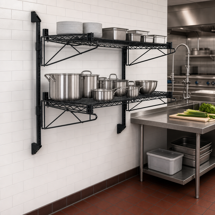 Product image #3 for Quantum Cantilever Double-Shelf Wall-Mount Shelving Unit, 72 x 18 Inches, Black Epoxy Antimicrobial Finish