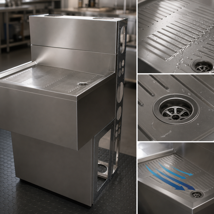 Product image #3 for BK Resources Modular Underbar 18-Gauge 304 Stainless Steel Drain Board with Drain, 18 x 18 Inches