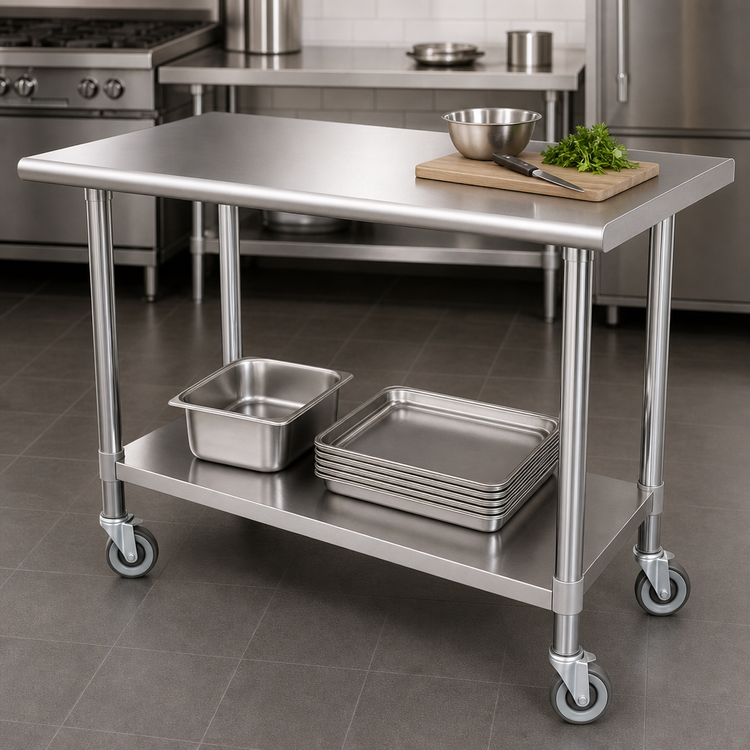 Product image #3 for Advance Tabco Special Value Series Mobile Flat Top Stainless Steel Work Table with Adjustable Undershelf, 72 x 30 Inch