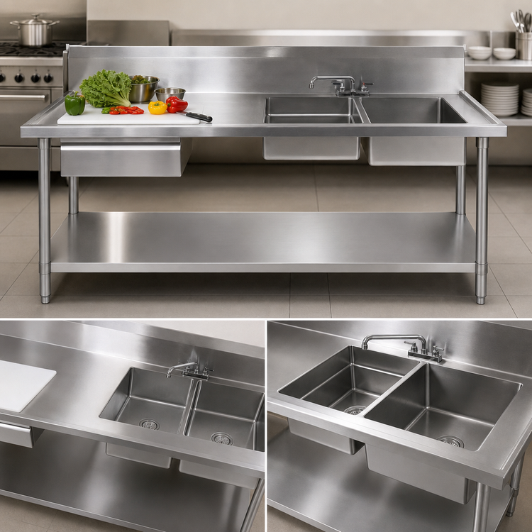 Product image #3 for 96 Inch 2-Compartment Right-End Stainless Steel Sink Prep Table with Cutting Board and Drawer
