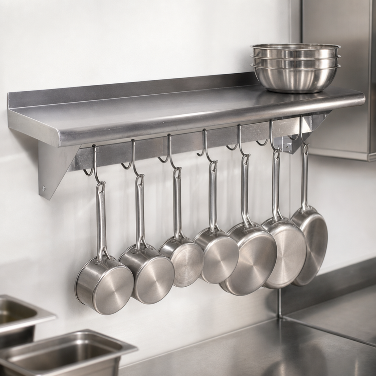 Product image #3 for Omcan Wall-Mounted Stainless Steel Pot Rack Shelf with 9 Hooks, 12 x 48 Inches