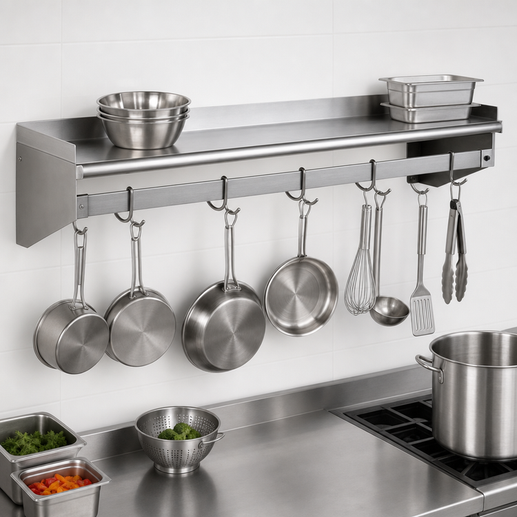 Product image #3 for Eagle Group 96-Inch x 10-Inch Wall-Mounted Stainless Steel Wall Shelf with Pot Rack and Removable Hooks