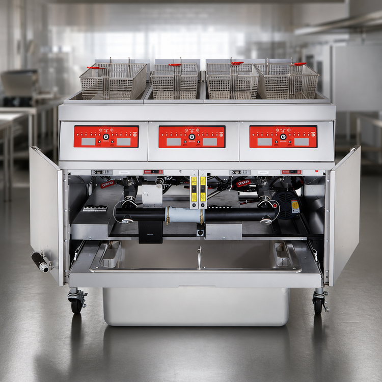 Product image #4 for Vulcan 46-1/2-Inch Wide Three-Battery Free-Standing Electric Deep Fryer with KleenScreen PLUS Filtration, Digital Controls, 50 lb. Per Vat