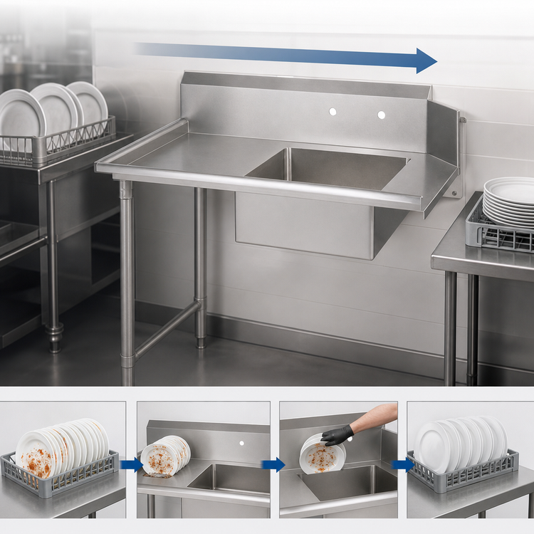 Product image #3 for John Boos Straight Soiled Stainless Steel Dish Table with Left-to-Right Operation and 16 x 20 x 8 Pre-Rinse Sink