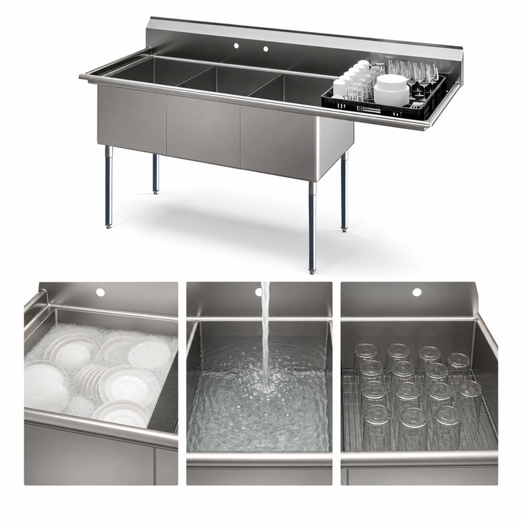 Product image #4 for KoolMore 81-Inch Three-Compartment Commercial Sink with Right Drainboard