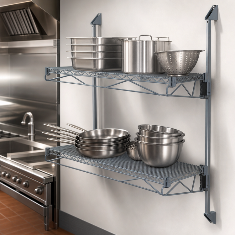 Product image #3 for Quantum Wall-Mount Cantilever Double Shelf Wire Shelving Unit, 60 x 14 Inches, Gray Epoxy