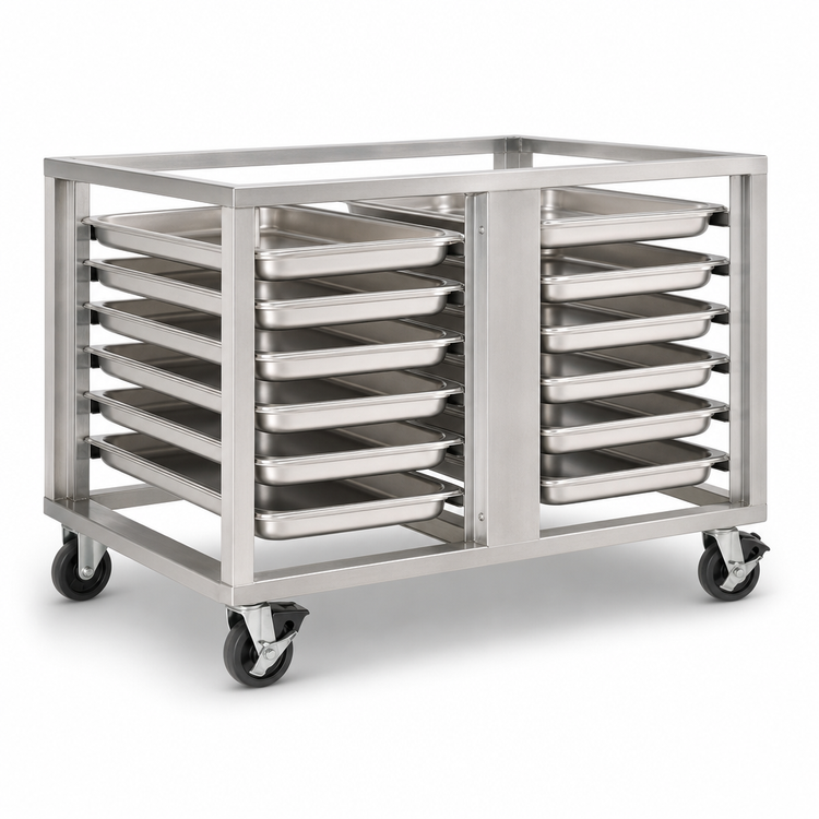 Product image #3 for Baxter 12-Pan Stainless Steel Open Cabinet Equipment Stand Base with Pan Slides and 4-Inch Locking Casters