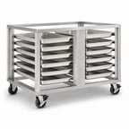 Thumbnail image #3 for Baxter Manufacturing STAND-12PAN 12-Pan Stainless Steel Equipment Stand with Open Cabinet, Pan Slides, and Locking Casters