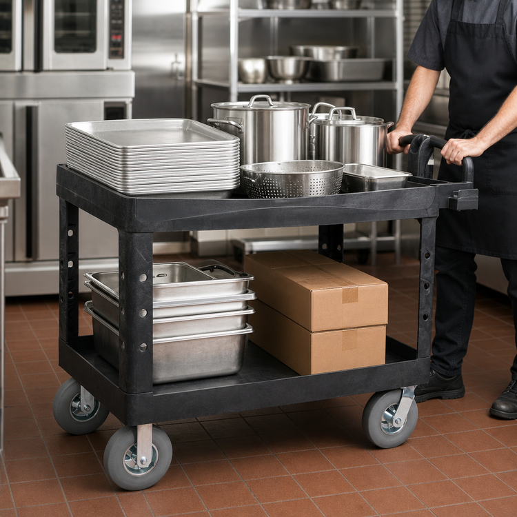 Product image #3 for Rubbermaid Commercial Products Heavy Duty Utility Bus Cart, 2-Shelf, 750 lb. Capacity, Black