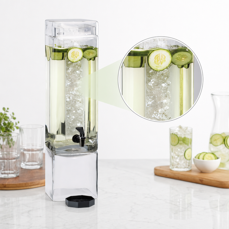 Product image #3 for Cal-Mil Square Clear Glass Infusion Beverage Dispenser with Drip Tray, 1.5 Gallon