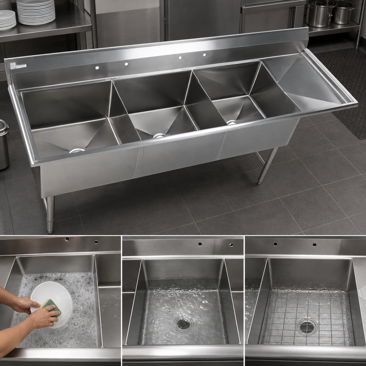 Product image #3 for Elite Heavy-Duty Three-Compartment Stainless Steel Sink with Right-Hand Drainboard