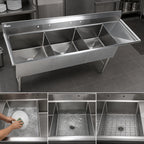 Thumbnail image #3 for Klinger's Trading EIT3DR Three-Compartment Stainless Steel Sink, Right-Hand Drainboard, 24 x 24 x 14-Inch Bowls, 16 Gauge