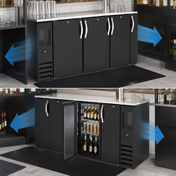 Product image #3 for Beverage Air 48-Inch Two-Section Pass-Thru Back Bar Refrigerator with 4 Solid Locking Doors, Right-Mounted Self-Contained R290 Refrigeration