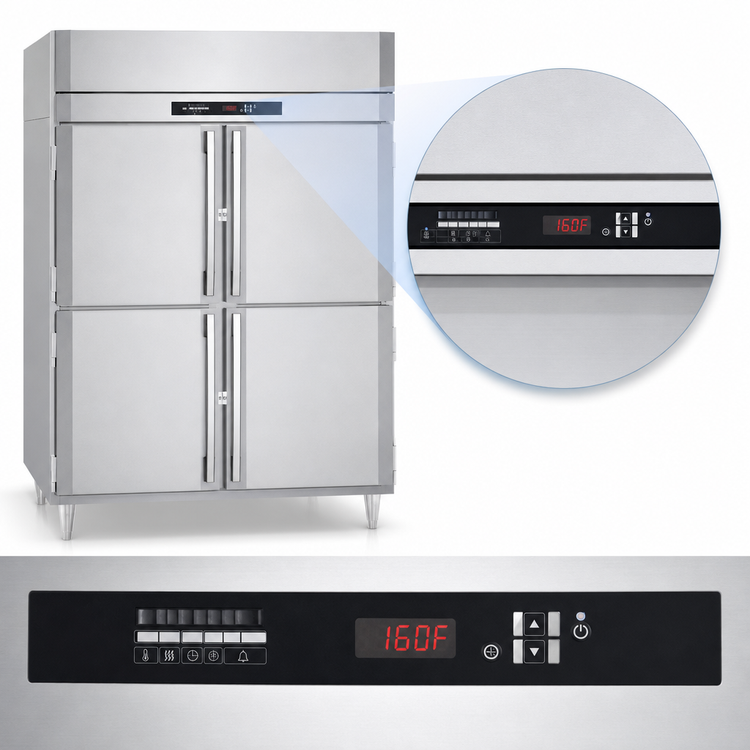 Product image #3 for Victory UltraSpec™ Extra Wide 2-Section Reach-In Heated Holding Cabinet with 4 Wide Half-Height Solid Hinged Doors, 52 Cu. Ft.