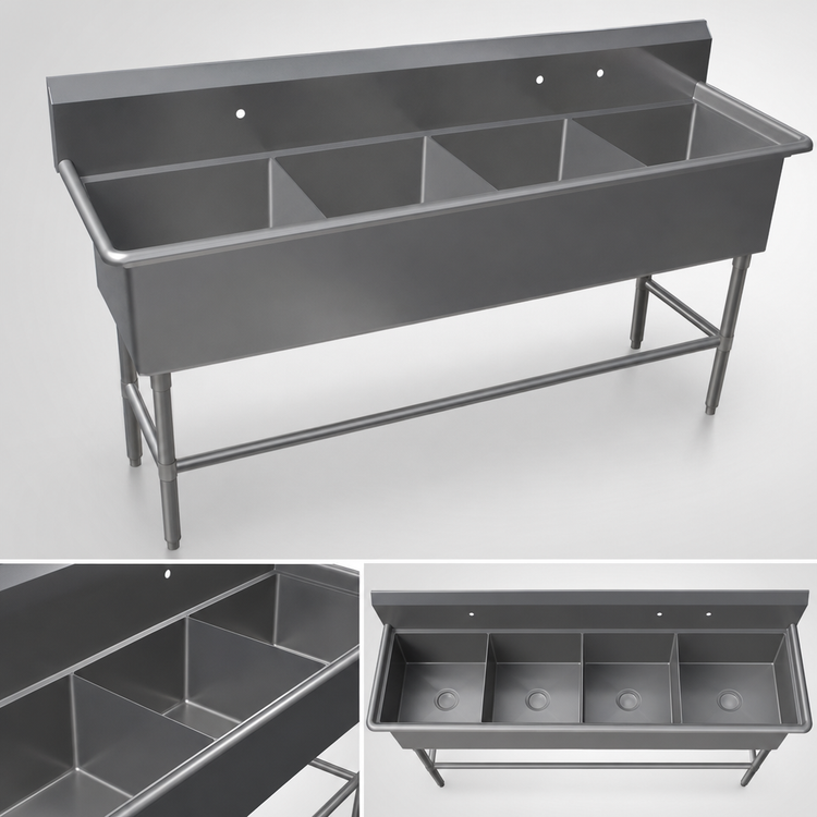 Product image #3 for John Boos Pro-Bowl 4-Compartment Stainless Steel Sink, 77-1/8 x 23-1/2 Inch, 14-Inch Deep Compartments