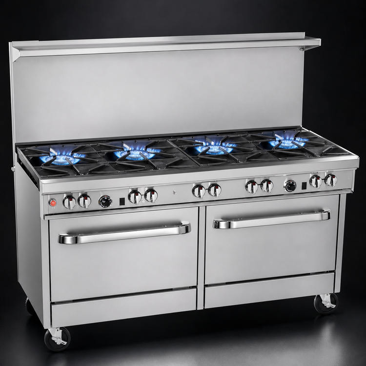 Product image #3 for Ultimate 60-Inch Commercial Gas Restaurant Range with 6 Open Burners, Raised 24-Inch Griddle/Broiler and 2 Convection Ovens