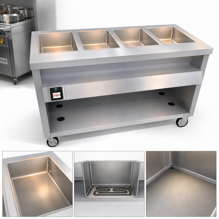 Product image #3 for Thurmaduke TWHF-60PG 60" Mobile Ganged Waterless Well Food Warmer with 4 Heat Wells