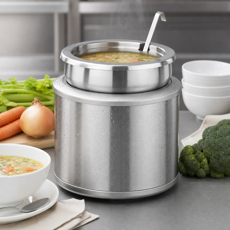 Product image #3 for Nemco Countertop Round Cooker/Warmer, 7 Quart, 220V, Stainless Steel, Includes Inset, Cover & Ladle