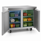 Thumbnail image #3 for Delfield 4448NP 48-Inch Two-Section Stainless Steel Refrigerated Worktop Refrigerator, 2 Doors, Self-Contained Rear-Mounted Refrigeration