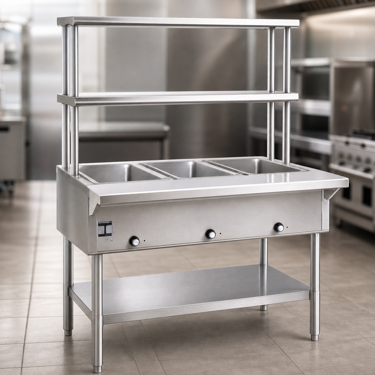 Product image #3 for Eagle Group 48-Inch Natural Gas 3-Well Open-Base Hot Food Table with Flex-Master Overshelves