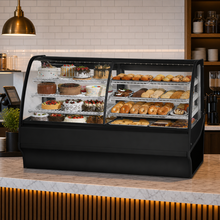 Product image #4 for True Dual Zone Curved Glass Glass-End Full Service Display Merchandiser, 77-1/4" Wide, Self-Contained Refrigeration, Black Exterior/White Interior
