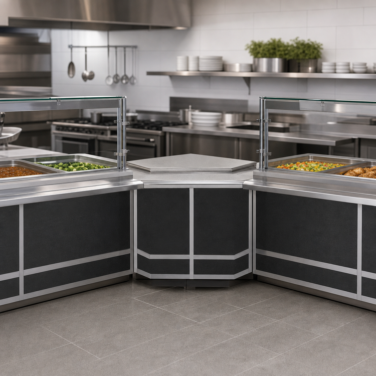 Product image #3 for Atlas Metal 30-1/2 Inch Inside Corner Mobile Modular Serving Counter with Stainless Steel Top and Bottom Shelf