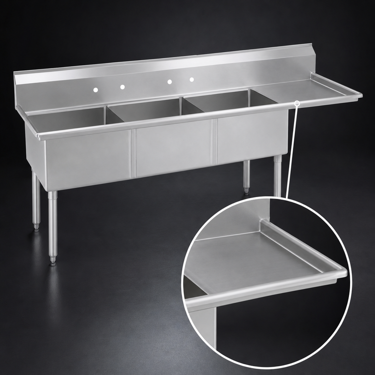 Product image #3 for BK Resources Three-Compartment Stainless Steel Sink with Right Drainboard, 24 x 24 x 14 Inch Bowls