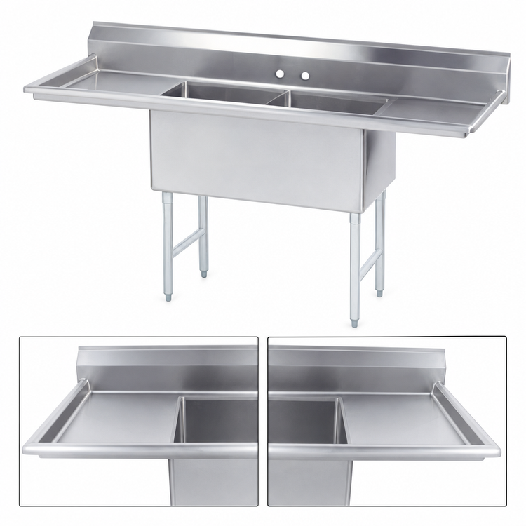 Product image #3 for Advance Tabco FC-2-1824-24RL 2-Compartment Fabricated Sink with Left and Right Drainboards, 84 Inch Long