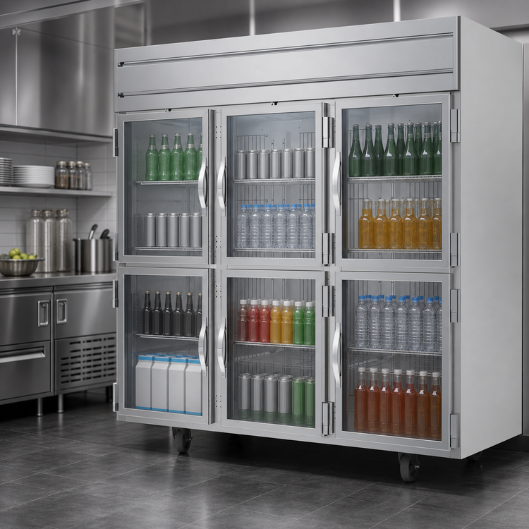 Product image #3 for Beverage-Air Horizon Series 3-Section Top-Mount Self-Contained Half-Glass Reach-In Refrigerator, 71.52 Cu. Ft.
