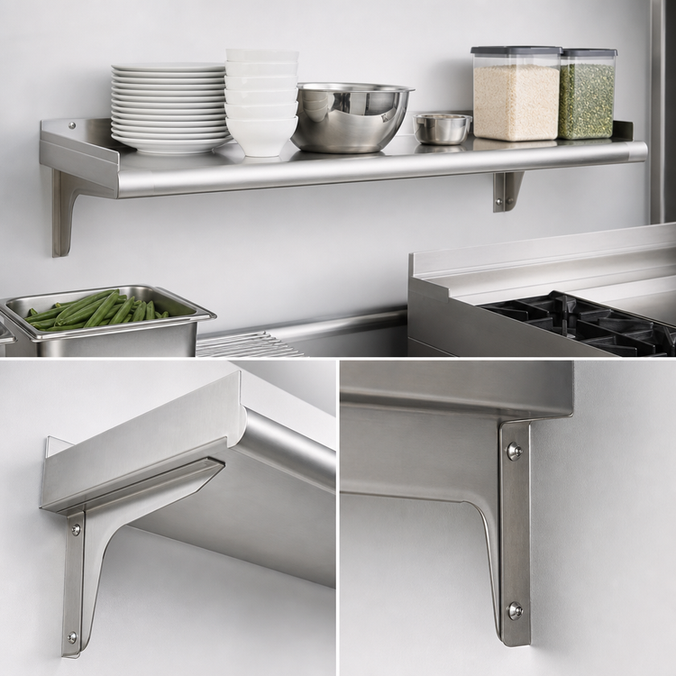 Product image #3 for Eagle Snap-n-Slide Commercial Wall Shelf, 36-Inch Wide x 12-Inch Deep, Rolled Front Edge, 16/430 Stainless Steel