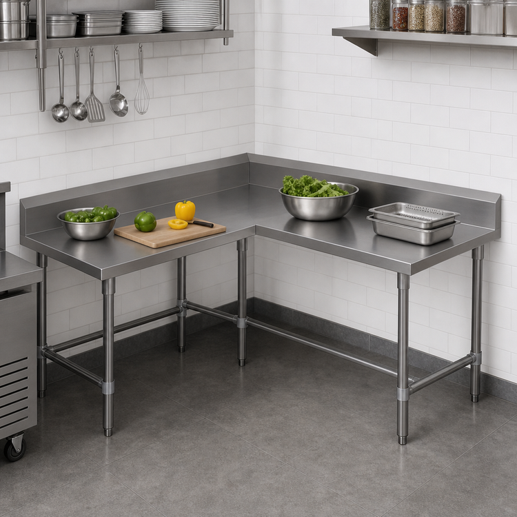Product image #3 for L-Shaped 14-Gauge Stainless Steel Corner Work Table with 5-Inch Backsplash