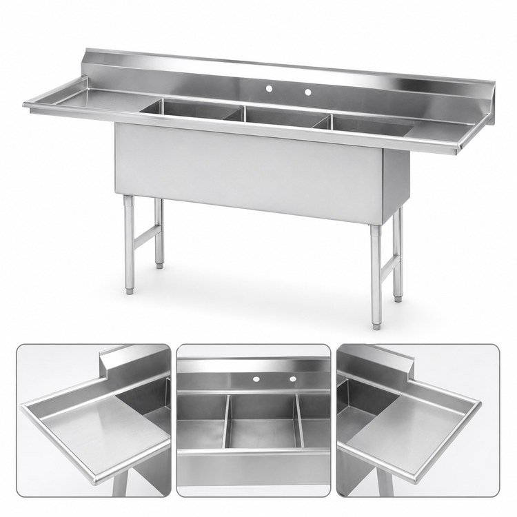 Product image #3 for Advance Tabco 3-Compartment Fabricated Sink with 30-Inch Left and Right Drainboards