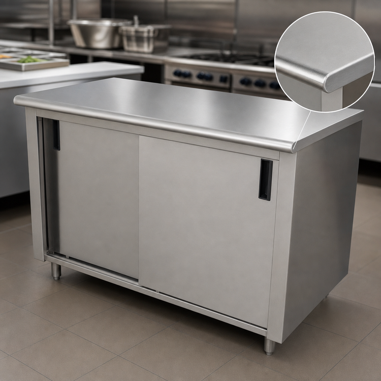 Product image #3 for Advance Tabco Special Value Series Enclosed Work Table with Cabinet Base, Sliding Doors, and Mid-Shelf, 96W x 30D, 16-Gauge 304 Stainless Steel Top