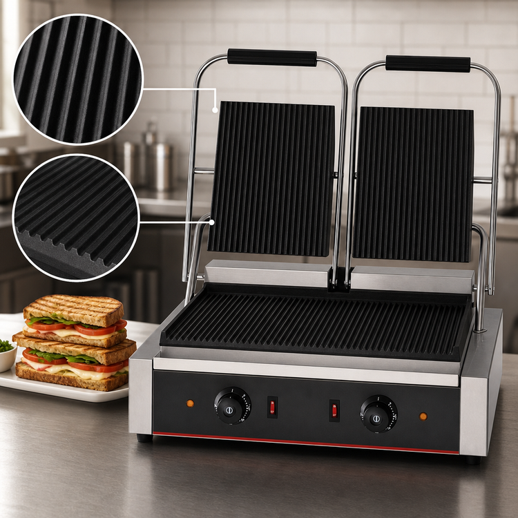 Product image #3 for Serv-Ware EPG-200GG Countertop Double Electric Panini Grill with Grooved Cast Iron Plates