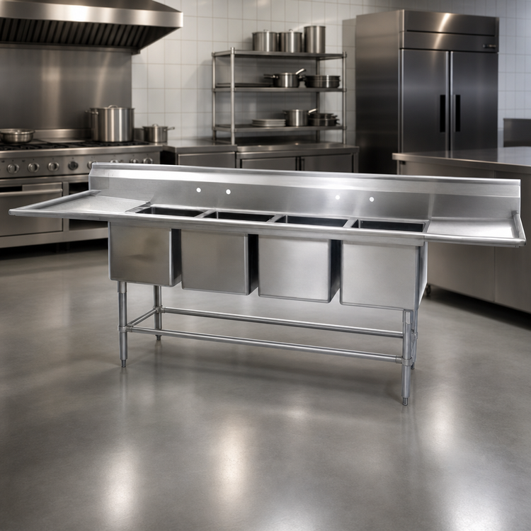 Product image #3 for Spec-Master FN Series 113.5-Inch Four-Compartment Stainless Steel Commercial Sink with Left Drainboard