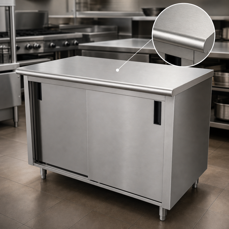 Product image #3 for Advance Tabco Special Value Series Enclosed Work Table, 48 x 24 Inches, 16 Gauge 304 Stainless Steel Top, Cabinet Base with Mid-Shelf and Sliding Doors