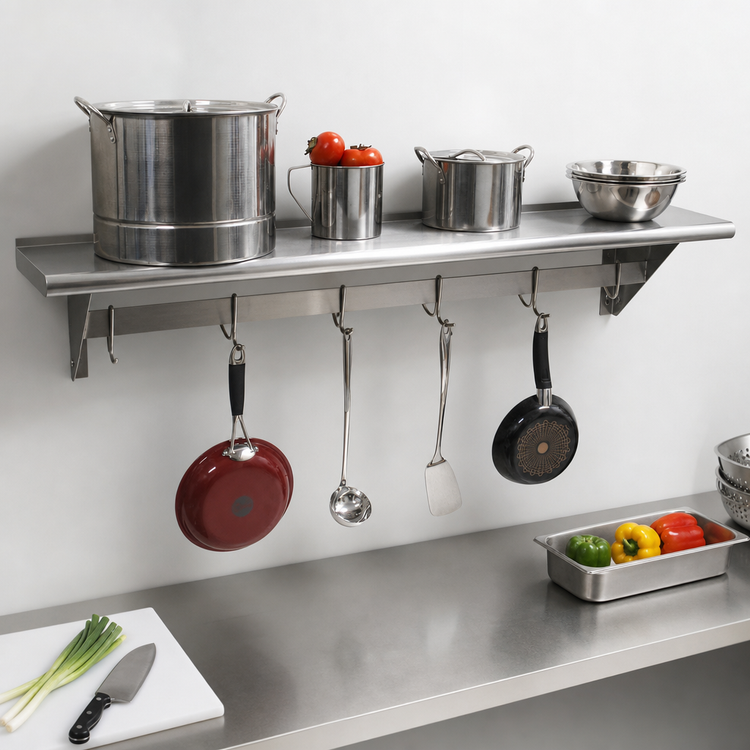 Product image #3 for Advance Tabco Wall-Mounted Stainless Steel Shelf with Pot Rack, 96-Inch x 12-Inch