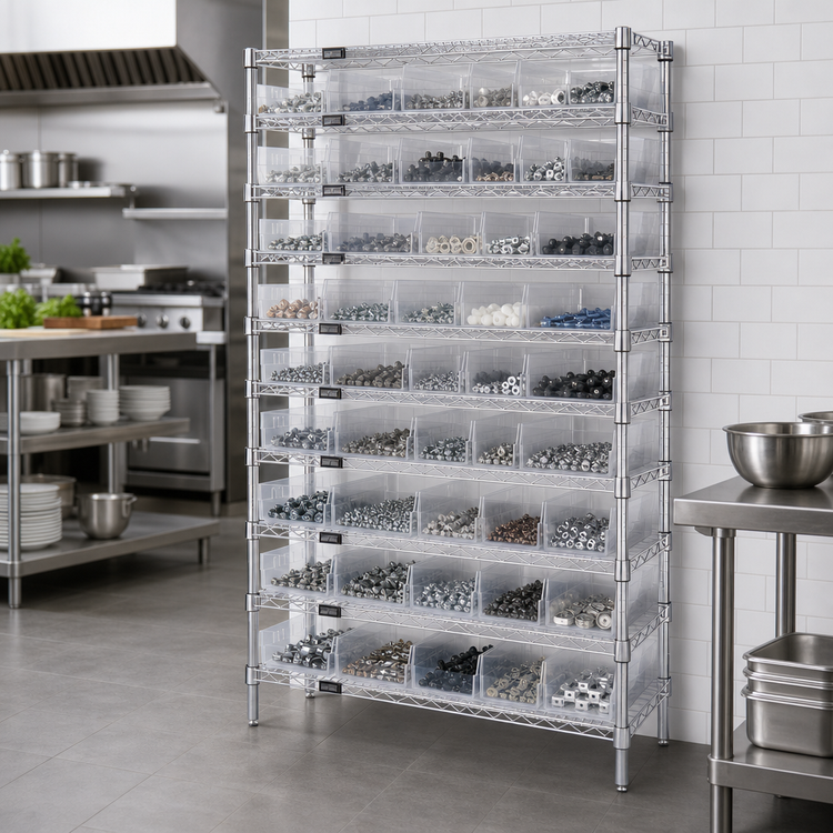 Product image #3 for Quantum Bin Wire Shelving System with 44 Clear Bins, 36 Inch W x 12 Inch D x 74 Inch H