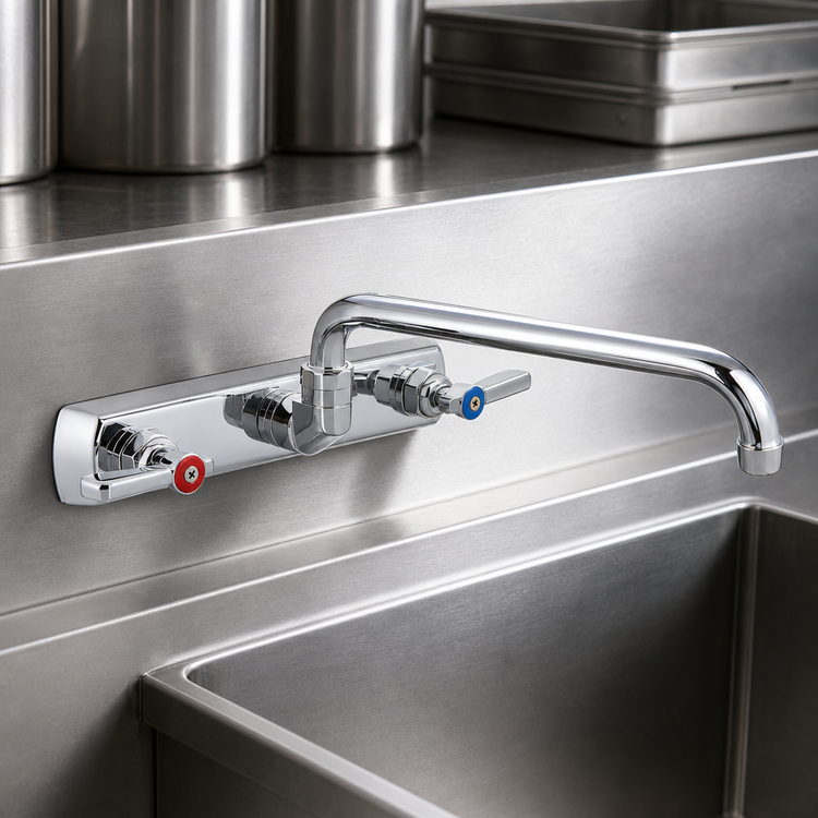 Product image #3 for BK Resources OptiFlow WorkForce Heavy Duty Solid Body Backsplash-Mounted Faucet with 10-Inch Swing Spout, 8-Inch OC, High Polished Chrome