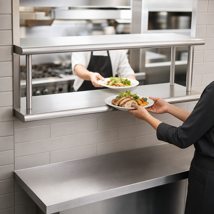 Product image #3 for BK Resources Double-Tier Pass-Through Shelf, 96W x 18D, 5-Inch Max Wall Thickness, 304 Stainless Steel