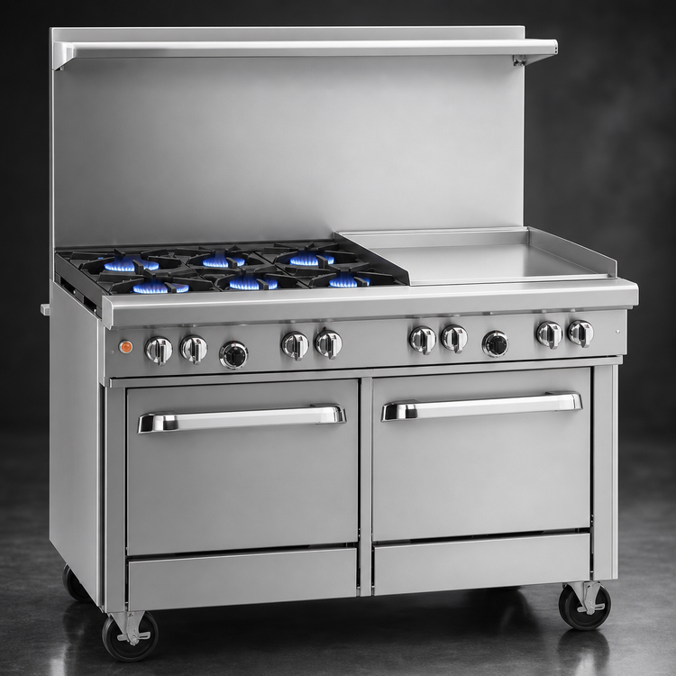 Product image #3 for Ultimate 48-Inch Gas Restaurant Range with 4 Star/Sauté Burners, 24-Inch Griddle, and 2 Space Saver Ovens
